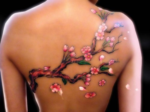 Lovely Shining Cherry Blossom Tree Branch Tattoo On Back